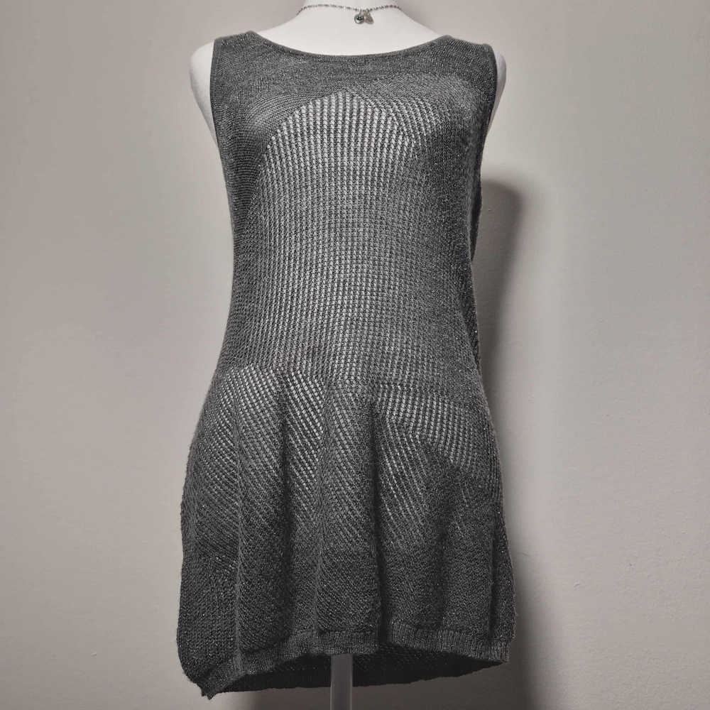 Eileen Fisher Gray Merino Wool Metallic Abstract Texture Knit Racerback Tank Top